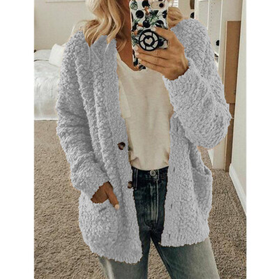 

Long Sleeve Solid Color Plush Cardigan Sweater Tops Button Up Outwear Coat
