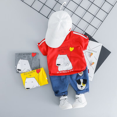 

Children Kids Boys Clothing Set Summer Cartoon Bear Printed Short Sleeve T-shirt Round Collar Casual TopsSolid Color Pants