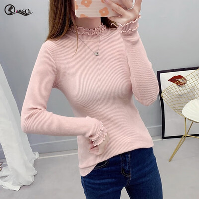 

Women knit Sweater New Slim Solid Color Ruffled Pullovers Korean Style O-Neck Long Sleeve Ladies Knitted Sweater cheap top