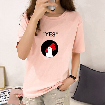 

New tshirt Womens Korean Style Round Neck tee shirt femme Cartoon Cock & Letters Print Short Sleeve T-Shirt