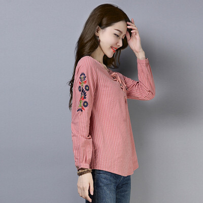 

Women Summer Ethnic Style Vintage Embroidered Versatile Round Collar Loose Solid Color Long-Sleeved Casual Wild Tops