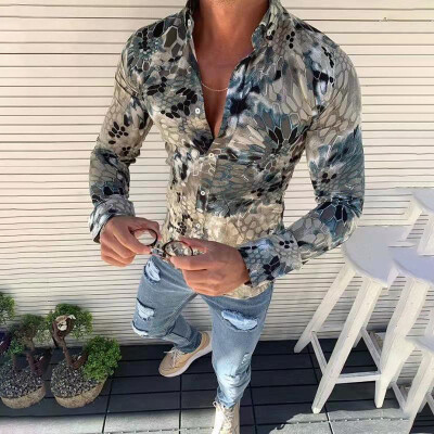 

Mens Digital Print Long Sleeve Shirt Casual Slim Fit Button T Shirt Blouse Tops