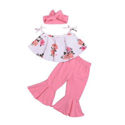 

Baby Clothes Summer Baby Girl Casual Sleeveless Floral Print Strap Design T-shirt Tops Trousers Headband Outfits Set