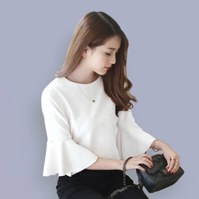 

women Fashion Korean version solid color tops Office Ladies Shirt round neck Butterfly sleeve Pearl Button chiffon OL shirt