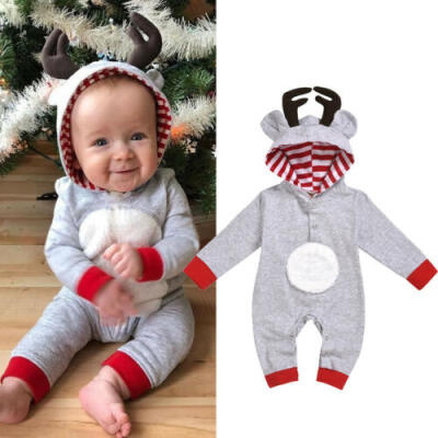 

US Christmas Infant Baby Girl Boy Long Sleeve Antlers Romper Overall Clothes Set