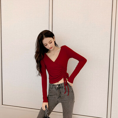 

Autumn Sexy V-neck Long-sleeved Womens Tees Fashion Novel Drawstring Design Solid Color Tshirt Tops