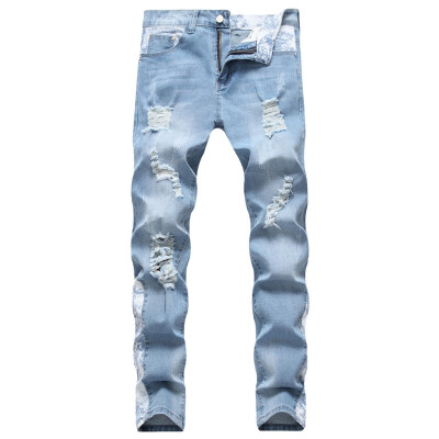 

Gobestart Mens Nostalgic Casual Denim Straight Hole Trouser Distressed Jeans Long Pants