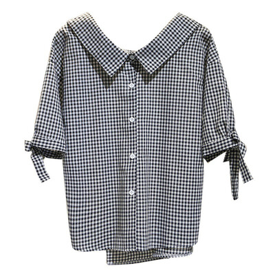 

Fashion Girls Plaid Shirts Hot Autumn Bow Twist Quarter Sleeve Cotton Shirts Peter Pan Collar Sweet Girls Buttons Shirts