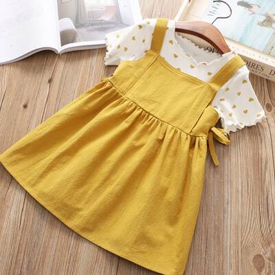 

Children Summer Girls Cotton Love Print t-Shirt Solid Color Strap Short Two-Piece Suit for 2-7Y