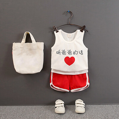 

2PcsSet Baby Boys Summer Casual Sleeveless Heart Words Print Vest TopsShorts Suits Costume Set
