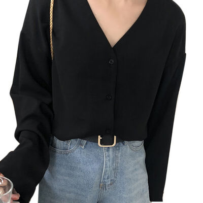 

Women V-Neck Chiffon Blouse Fashion Long Sleeve Blouse Solid Single Breasted Shirt