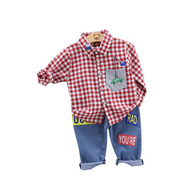 

0-4T Spring Autumn Casual Baby Long Sleeve Plaid Printing Shirt And Jeans Kids Two-piece Outfit Set