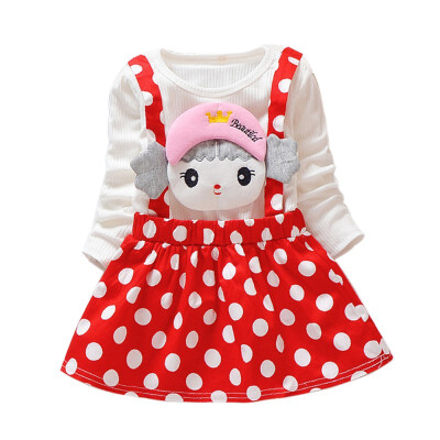 

Spring Baby Girl Princess Dress Fake 2 Piece Toddler Cartoon Dot Pattern Long Sleeve Cotton Dresses Korean Style Dress