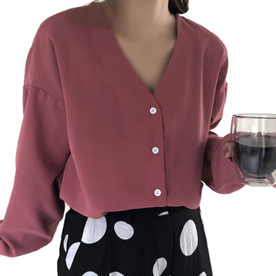 

Women V-Neck Chiffon Blouse Fashion Long Sleeve Blouse Solid Single Breasted Shirt