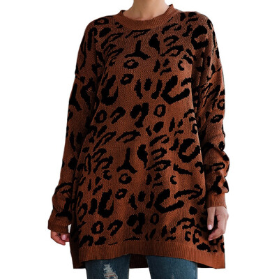 

Winter Women Knitwear Loose Mid Long Casual Euramerican Leopard Print Pullover Knitwear