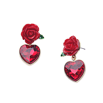 

1 Pair Red Rose Flower Red Crystal Heart Shaped Stud Earring