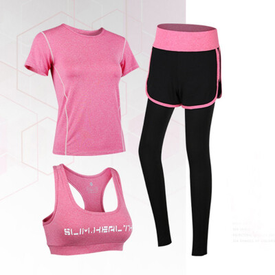 

Gym 3 Piece Set Elastic Short Sleeve Fitness Tops Trousers&Bra Summer Autumn Breathable Sports Sets For Women