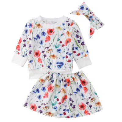 

0-4T 3pcsset Girls Clothing Set Flower Pattern Concise All-match Cute Sweet Long Sleeve T-shirt Skirt Set Girl\s Skirt Set
