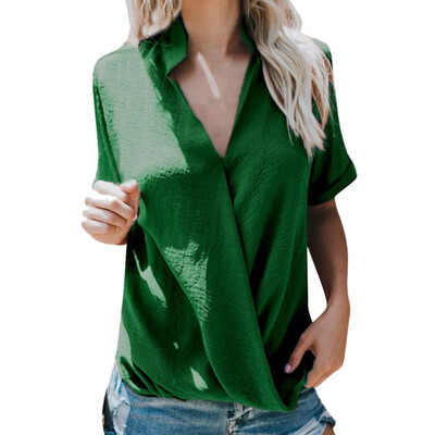 

Womens Solid Stand Collar Short Sleeve Chiffon Blouse