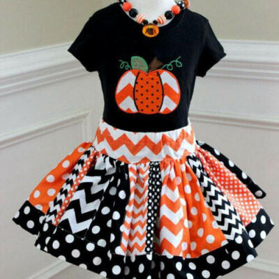 

Toddler Kids Baby Girls Halloween Pumpkin Dress Princess Party Striped Dresses