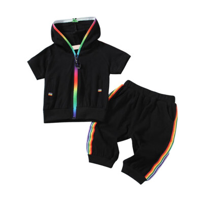 

Kid Boy Girl Clothes Sportswear Summer Fashion Short Sleeve Colorful Zipper Hooded Clothing For Girls Children Outfit Set