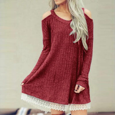 

Tailored Women Casual Solid V-Neck Dresses Lace Splice Long Sleeve Cold Shoulder Dresses