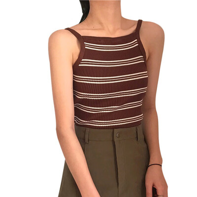 

Korean Summer Top Women Spaghetti Strap Striped Halter Knitted Camisole Womens clothes 2019