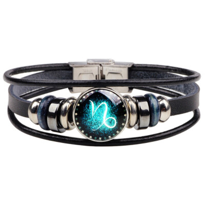 

Retro 12 Zodiac Constellation Beaded Hand Woven Leather Bracelet Punk Chain Cuff