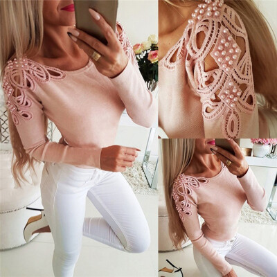 

Tailored Women Fashion Solid O-neck Pearl Slim Hollow Out Long Sleeve T-shirt Tops Blouse