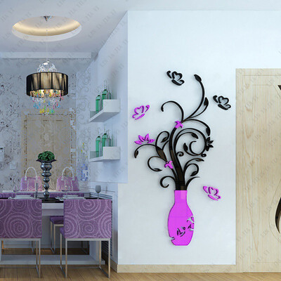 

New Fashion Home Wall Stickers DIY 3D Vase Flower Tree Crystal Arcylic Wall Stickers Decal Home Room Indoor Decor Wall Stickers