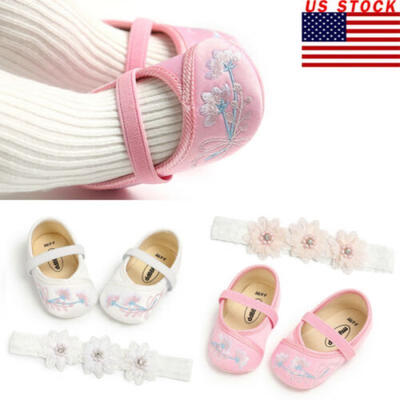 

Newborn Baby Girl Soft Crib Shoes Infants Anti-slip Sneaker Prewalker Headband
