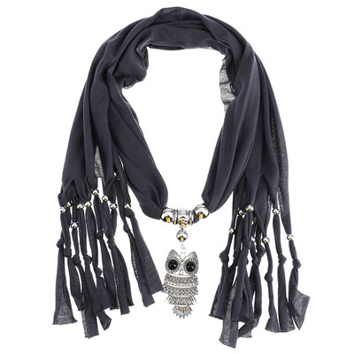 

Popular Alloy Pendant Soft Shawl Necklace Scarf Owl Pendant Necklace Scarf Fringed Scarf