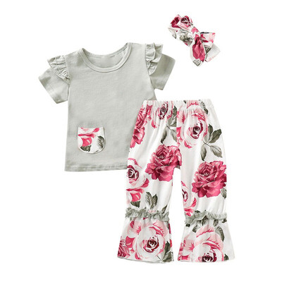 

Baby Girls Short Flare Sleeve Blouse T-shirt Summer Flower Trousers With Headband Outfits Clothes