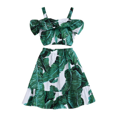 

2PcsSet Baby Girls Casual Summer Fashion Green Leaves Pattern Tops BlouseSkirts Suits Costume Set
