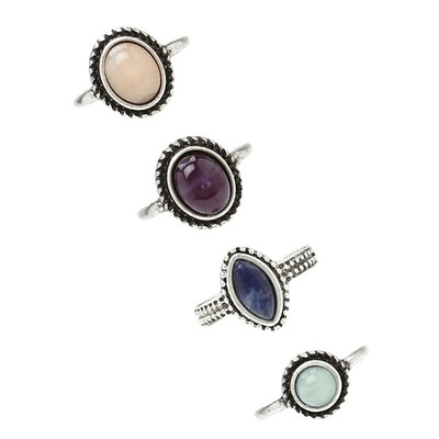 

Rings Jewelry Kit Accessories 4 Pc set Vintage Silver Alloy Nature Stone Knuckles Ring Set Boho Women Water Drop Bead Gemstone