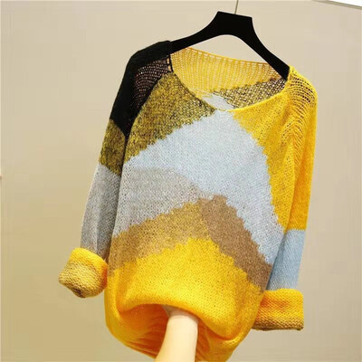 

Women Sweater New Multicolor Autumn Winter O-Neck Knitted Jumper Top Loose Casual Warm Patchwork Femme Sweater