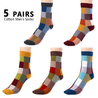 

5 Pairs Retro Cotton Socks Classic Style Striped Square Pattern Tube Socks