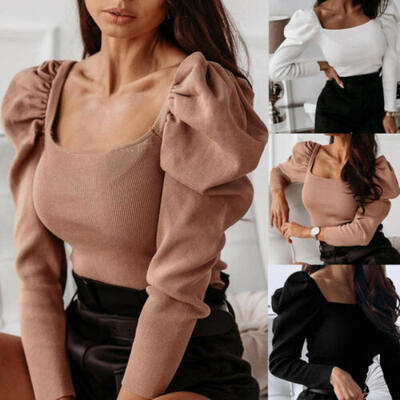 

Women Casual Solid Puff Long Sleeve Knitted Tops Blouse Slim Fit Clubwear Shirts