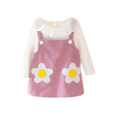 

Baby Girl Clothes 0-3T Autumn New Girls Flower Print Long-sleeved Sets White Top Corduroy Sling Dress 2 Pieces Sets
