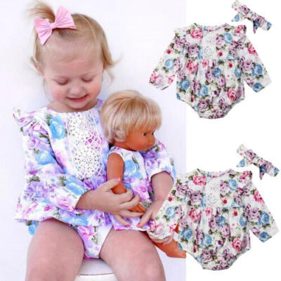 

US Newborn Baby Girl Long Sleeve Floral Tops Romper Headband Outfits Set Clothes