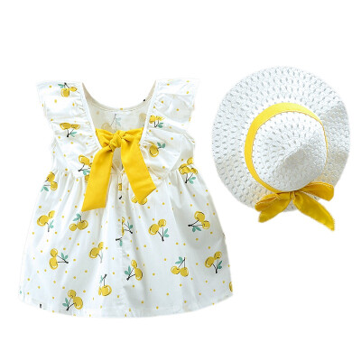 

2Pcs Baby Girls Dress Cute Baby Clothes Cherry Pattern Sleeveless Dresses Fashion Backless Sundress With Hat