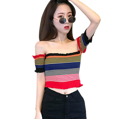 

Womens Slash Neck Striped Short Sleeve Knitted Ruffles Crop Top