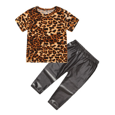 

Summer Baby Girl Leopard Print Short Sleeve T-Shirt Tops Black Trousers Casual Outfits