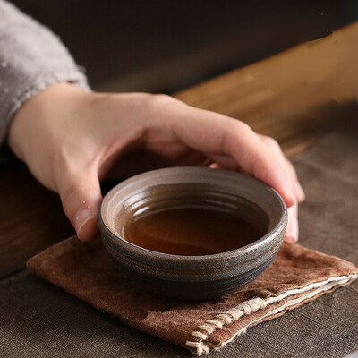 

Handmade Wide Flat Wood Fired Chinese Gongfu Tea Tasting Teacup 50ml 169oz x 2