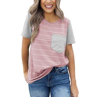 

Casual Summer Women Striped Patch Pocket T-Shirt Short Sleeve Round Neck Top