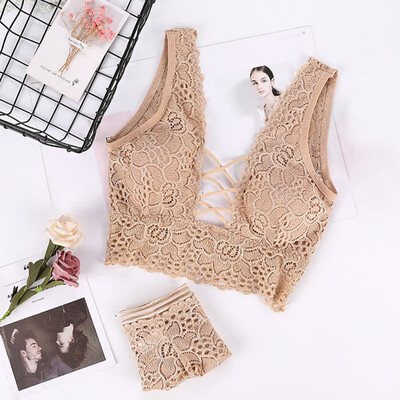 

Sexy Bandage Lace Cross Belt Hollow Bra 2019 Lingerie Bra Set Intimates Underwear Set Lace Push Up Wire Free Bra&Panty Set