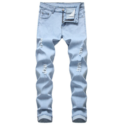 

Gobestart Mens New Fashion Personality Ripped Slim Fit Zipper Stretch Denim Trousers