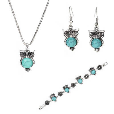 

Owl Shaped Women Girl Turquoise Decor Animal Necklace Earring Bracelet Set Alloy Chains Ear Studs Bangle Jewelry Gifts