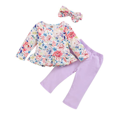 

Children\s Sets Autumn Baby Girls Clothes Baby Girls Three Piece Girls Flowers Long Sleeved Shirt Solid Color Trousers Hairband