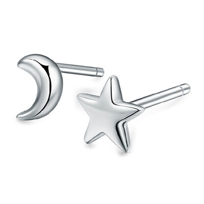 

925 Silver Ear Stud Earrings 1 Pair Girls Cute Asymmetry Creative Moon And Star